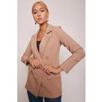 Kadın Düğme Detaylı Uzun Kol Şık Ofis Süs Cep Kapaklı Kumaş Blazer Ceket-Camel