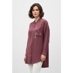 Kadın Düğmeli Broş Detaylı Uzun Tunik -10763 - BURGUNDY