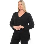 Kadın Düğmeli Cepli V Yaka Örgü Yün Anne Triko Kışlık Hırka - Siyah - 2XL
