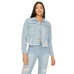 Kadın Düğmeli Etek Ucu Püsküllü Crop Denim Ceket Blue Mavi 34