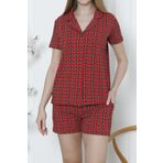 Kadın Düğmeli Şortlu Pijama Takımı Ekoseli Pamuklu Likralı Cepli KIRMIZI
