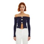Kadın Düşük Kollu Fitilli Kayık Yaka Fitted Triko Kazak Çiçek Düğme Detaylı Modern Stil Tasarım -Lacivert-L