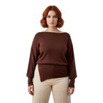 Kadın Düz Asimetrik Kesim Kayık Yaka Rahat Triko Kazak Kış Sonbahar Günlük Kombinlerinize Uyumlu -Kahverengi-6XL
