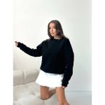 Kadın Düz Kırık Beyaz Basic Baskısız Bisiklet Yaka Oversize Sweatshirt - Siyah - M