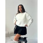 Kadın Düz Kırık Beyaz Basic Baskısız Bisiklet Yaka Oversize Sweatshirt
