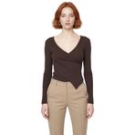 Kadın Düz Kruvaze Yaka Uzun Kollu Vücuda Oturan Bluz Pamuk Polyester Esnek Örme Konforlu Stil_Koyu Kahverengi-M