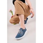 Kadın Düz Taban Ortopedik Lastik Bağcıklı Deri Günlük& Şık Casual Ayakkabı - 00Mavi