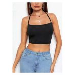 Kadın Düz Yaka Sırt Açık Siyah Super Crop Top Bluz