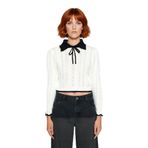 Kadın Ekru Akrilik Ajurlu Triko Kazak Polo Yakalı Fiyonk Detaylı Crop Boy Modern Stil Kaliteli -Ekru-S