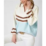 Kadın Ekru Camel Renkli Çizgi Detaylı Polo Yaka Triko Kazak - XL