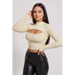 Kadın Ekru Göğüs Dekolteli Uzun Kollu Cut Out Crop Top Bluz – Şık, Rahat Ve Kolay Kombinlenebilir