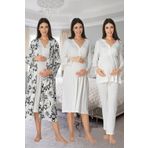 Kadın Ekru Uzun Kollu Pijama Takımı Gecelik Sabahlık Lohusa Hamile 4'lü Set, M, B8096EF-19804IGP264171