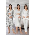 Kadın Ekru Uzun Kollu Pijama Takımı Gecelik Sabahlık Lohusa Hamile 4'lü Set, XL, B8096EF-19804IGP264173