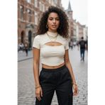 Kadın Ekru Zarif Cut-out Detaylı Premium Crop Top Bluz