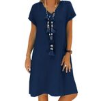 Kadın elbisesi, yazlık keten elbiseler, günlük V yaka, midi elbise, kısa kollu, evaze, sundress tunik, aksesuarsız, Bir Denizci, XL
