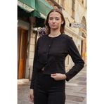 Kadın Esnek Süet Kumaş Sıfır Yaka Flato Cepli Uzun Kol Blazer Ceket-Siyah