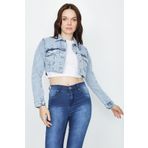 Kadın Etek Ucu Püsküllü Crop Denim Ceket Açık Mavi 44