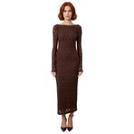 Kadın Feminine Bodycon Kayık Yaka Maxi Uzun Kol Astarlı Dantel Örme Şık Gece Elbisesi Kaliteli-Koyu Kahverengi-38