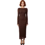 Kadın Feminine Bodycon Kayık Yaka Maxi Uzun Kol Astarlı Dantel Örme Şık Gece Elbisesi Kaliteli-Koyu Kahverengi-38
