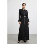 Kadın Fermuarlı Gömlek Yaka Belden Kemerli Uzun Elbise-12667 - BLACK