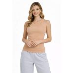 Kadın Fitilli Atlet Sıfır Yaka Slim Fit Arka Baskılı Spor Atlet - Bej