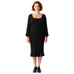 Kadın Fitilli Bodycon Midi Triko Elbise Uzun Kollu Kare Yaka Düğme Detaylı Yırtmaçlı Kaliteli-Siyah-2XL