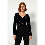 Kadın Fitted Basic V Yaka Siyah Tüylü İnci Detaylı Super Crop Uzun Kollu Triko Kazak İddialı Stil -Siyah-M