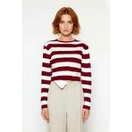 Kadın Fitted Bisiklet Yaka Super Crop Çizgili Triko Kazak İlkbahar Sonbahar Casual Tarz İçin Ideal -Bordo-M