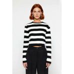Kadın Fitted Bisiklet Yaka Super Crop Çizgili Triko Kazak İlkbahar Sonbahar Casual Tarz İçin Ideal -Siyah-L