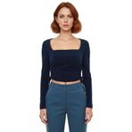 Kadın Fitted Kare Yaka Büzgülü Uzun Kollu Crop Esnek Örme Bluz Kaliteli Şık Rahat Modern Zarif_Lacivert-XS