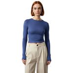 Kadın Fitted Viskoza Elastan Karışımlı Bluz Pembe Bisiklet Yaka Crop Kesim Uzun Kollu Tüm Sezonlar_Indigo-S