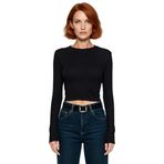 Kadın Fitted Viskoza Elastan Karışımlı Bluz Pembe Bisiklet Yaka Crop Kesim Uzun Kollu Tüm Sezonlar_Siyah-2XS