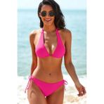 Kadın Fuşya Belden, Boyundan Bağlamalı ve Ayarlanabilir Külotlu Üçgen Bikini Mayo Takımı - S - M