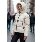 Kadın Geniş Kalıp Kapişonlunu Bağcıklı Casual Kısa Sişme Mont - Krem - 2XL