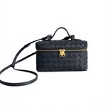 Kadın Gerçek Deri Dokuma Crossbody Çanta - Ayarlanabilir Kayış Altın Tonlu Fermuar - Kadın Kahverengi Hafif Omuz Çantası, siyah, One Size