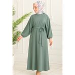 Kadın Giyim Abiye Moda Beli Lastikli Kuşaklı Elbise 2590 - Mint - 46