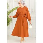 Kadın Giyim Abiye Moda Beli Lastikli Kuşaklı Elbise 2590 - Taba - 40