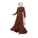 Kadın Giyim Abiye Moda Eteği Volanlı Kemeri Taşlı Tesettür Abiye Elbise 2497 (Kahverengi, 42)