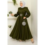 Kadın Giyim Abiye Moda Kemeri Taşlı Uzun Tesettür Saten Abiye Elbise 2753 - Haki - 52