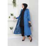 Kadın Giyim Abiye Moda Leopar Desenli Kapşonlu Bondit Kap 2659 indigo 50