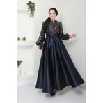Kadın Giyim Abiye Moda Pul Detaylı Saten Abiye 2537 - Lacivert - Bakır - 42