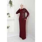 Kadın Giyim Tesettür Abiye Pullu Elbise 2747 Bordo 40