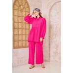 Kadın Gofre Balon Kol Büzgülü Tunik/Beli Lastikli Cepli Pantolon Tesettür Takım 3531350 Fuşya 36