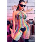 Kadın Gökkuşağı Desenli File Vücut Çorabı Esnek Fantazi Bodysuit