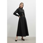 Kadın Gömlek Yaka Düğmeli Belden Toparlayıcı Uzun Elbise-32455ELB - BLACK