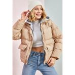 Kadın Gri Kapüşonli Şişme Mont - Camel - 36