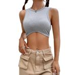 Kadın Gri Melanj Bisiklet Yaka Crop Top Büstiyer (Gri, L)