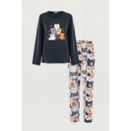 Kadın Gri Pamuklu Kedili Örme Pijama Takımı - Gri - Füme - XL