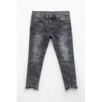 Kadın Gri Skinny Fit Püsküllü Paça Dar Kalıp Jean Pantolon