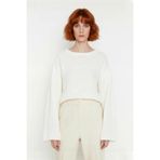 Kadın Gri%100 Akrilik Oversize Selanik Dokuma Bisiklet Yaka İspanyol Kol Crop Triko Kazak -Ekru-S